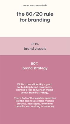 the 80 / 20 rules for branding are shown in pink, white and grey colors