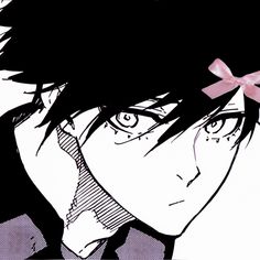 an anime character with black hair and a pink bow on his head is staring at the camera