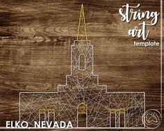 the front cover of string art template featuring a building with a clock tower on it