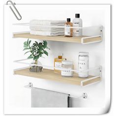 two shelves with towels and other items on them