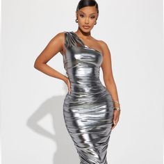 Silver Metallic Midi Dress New With Tags Silver One-shoulder Dress, Chic Silver Maxi Dress, Chic Silver Midi Dress For Cocktail, Chic Silver Cocktail Midi Dress, Silver Fitted Midi Dress, Silver Ruched Dress For Night Out, Chic Silver Midi Dress For Spring, Silver Ruched Dresses For Party Season, Chic Fitted Silver Midi Dress