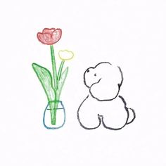 a drawing of a teddy bear next to a vase with tulips in it