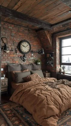 a bedroom with brick walls and a large bed covered in brown linens is shown