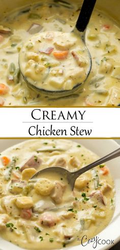 creamy chicken stew in a white bowl with a ladle full of soup and the title overlay reads, creamy chicken stew