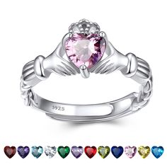 PRICES MAY VARY. 💓Silver Love Claddagh Ring💓 The silver band elegantly folds into two hands holding a heart of precious birthstones. A crown for loyalty sits above the heart. This beautiful ring with hands embracing the heart is a powerful symbol of love and loyalty. The ring was worn as a wedding ring for centuries because its style and meaning.Give this ring to your Mom/ Wife/ Daughter/ Girlfriends to make a love statement. 💓October-Created Pink Tourmaline Birthstone Rings💓 Pink Tourmaline Hands Holding A Heart, Two Hands Holding, Diamond Birthstone Ring, Celtic Claddagh Ring, Triquetra Necklace, Love And Loyalty, Holding A Heart, Thumb Rings Silver, Lucky Jewelry