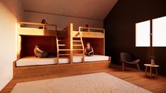 two children are sitting on bunk beds in a room with wooden floors and walls, while one child is reading