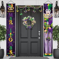 a front door decorated with mardi gras decorations