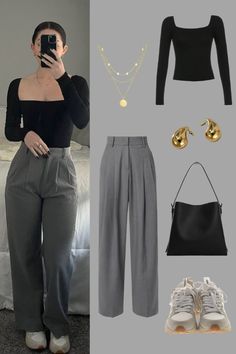 Outfit Inspo | Black Knitted Square-Neck Top and Grey Pleated Wide Leg Trousers | with Black Leather Shoulder Bag and Women's Sneakers | Outfit Inspiration | Casual Trouser Outfits | Spring-Summer Trouser Outfits Ideas | Casual Outfits Trouser Grey Outfit, Sneakers For Dress Pants, Grey Pants Black Top Work Outfits, Outfits With Trousers Women, Tops To Wear With Black Trousers, Pleated Trouser Outfit Women, Trousers Outfit For Women Casual, Outfit Inspo Black Trousers, Top With Trousers Outfit