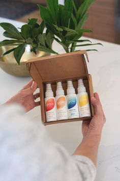 a person holding an open box with four bottles in it on a table next to a potted plant