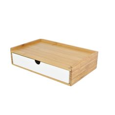 a wooden tray with two drawers on it and one drawer open to show the bottom