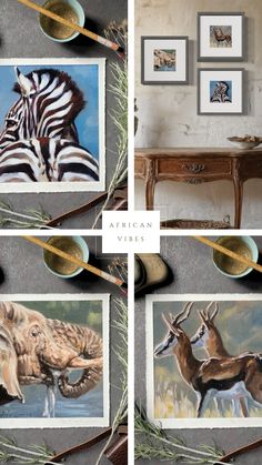 four pictures of zebras and antelope in different frames on the wall with spoons next to them