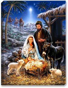 a nativity scene with jesus and baby jesus in the manger, surrounded by animals