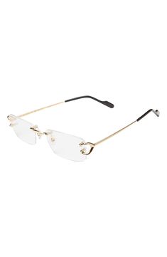 A rimless design brings barely there minimalism to rectangular reading glasses artfully crafted in France. 56mm lens width; 19mm bridge width; 145mm temple length Fitted with nonoptical demo lenses Adjustable nonslip nose pads Metal Made in France Cartier Glasses Men, Demon Cat, Cartier Gold, Rimless Glasses, Stylish Glasses, Rectangular Sunglasses, Optical Glasses, Gold Sunglasses, Mens Glasses