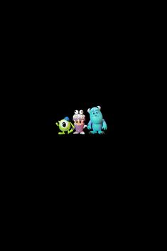 three little monsters standing next to each other on a black background with the same color