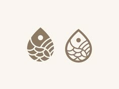 two different types of water droplet logos, one with fish and the other with waves