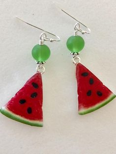 Watermelon Earrings, Red Enamel Watermelon Charm, Lampwork Earrings, Summer Earrings, Foodie, Picnic Watermelon Colored Summer Jewelry Gift, Summer Watermelon Colored Jewelry For Gift, Green Teardrop Jewelry For Summer, Handmade Watermelon Colored Jewelry For Gift, Handmade Watermelon-colored Jewelry Gift, Green Summer Jewelry With Fruit Design, Handmade Watermelon Colored Dangle Jewelry, Handmade Watermelon Color Dangle Jewelry, Fun Red Resin Earrings