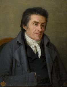 a painting of a man in a black coat and white collared shirt sitting down