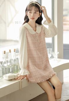 Tweed Plaid Mini Shift Dress (Pink) – Megoosta Fashion Tweed Dress Aesthetic, Tweed Dress Outfit, Pink Tweed Dress, Collar For Women, Tweed Set, Patchwork Shorts, Pink Tweed, Doll Collar, Lace Trims