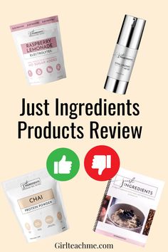 some products that are on top of a pink background with the words just ingredients products review