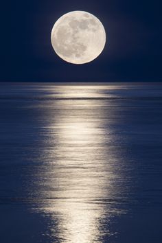 the full moon is reflected in the water