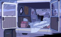 an image of the inside of a van with its door open and luggage in it