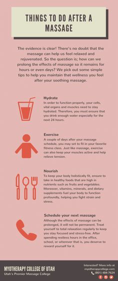 Infographic: Things To Do After A Massage. After you’ve finished and enjoyed your massage treatment, what’s left to do? Sleep? Not quite. Here are some of the things you must do in order to prolong the effects of massage. #MassageTreatment Massage Therapy Quotes, Benefits Of Massage, Massage Marketing, Licensed Massage Therapist