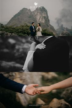 a couple holding hands in front of a mountain