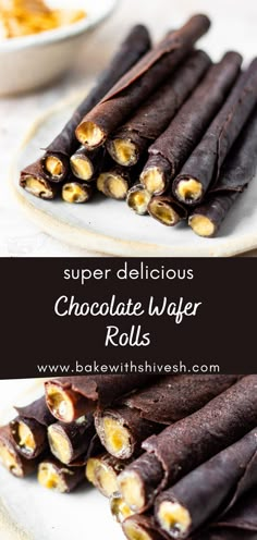 chocolate wafer rolls on a plate with the words super delicious chocolate wafer rolls