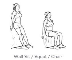 a woman doing squats on a chair with the words wall sit / squat / chair below her