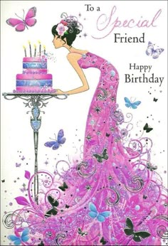 a birthday card with a woman holding a cake and butterflies on the top of it