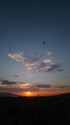 a bird flying in the sky over a city at sunset with clouds and sun going down