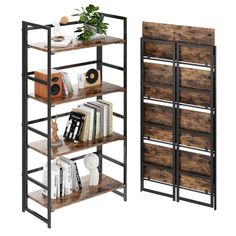 two bookshelves made out of wood and metal