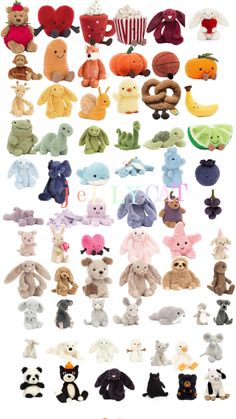 many different stuffed animals are arranged together