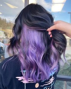 Hair Dye Ideas For Brunettes Underneath, Peekaboo Underneath Hair, Lavender Halo Hair Color, Hair With Colour Underneath, Pastel Purple Peekaboo Hair, All Over Hair Color Ideas For Dark Hair, Brunette Hair With Purple Peekaboos, Silver Hair With Purple Underneath, Brunette Hair With Purple Underneath