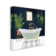 a white bath tub sitting next to a green plant