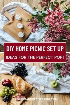 some food and flowers on a table with the words diy home picnic set up ideas for