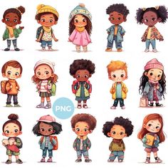 cartoon children with different clothes and hats, all dressed in winter clothing for the cold weather