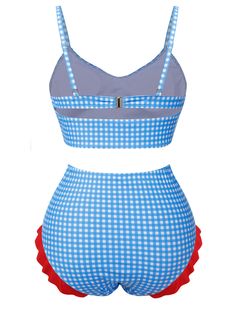 Blue 1950s Spaghetti Strap Button Plaids Swimsuit | Retro Stage Retro Blue Lined Swimwear, Blue Retro Sleeveless Swimwear, Retro Fitted Blue Swimwear, Blue Fitted Retro Swimwear, Fitted Retro Blue Swimwear, Retro Stage, Retro Bathing Suits, Women's Swimsuit, Retro Swimsuit