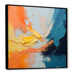 an abstract painting with blue, orange and yellow colors on it's canvas frame