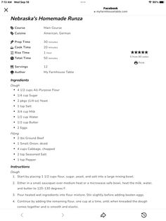 the menu for nebaska's homemade ruza, which includes ingredients and instructions