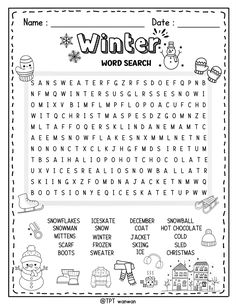 the winter word search is shown in black and white