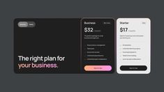 the right plan for your business is displayed on a mobile phone and in front of a black background