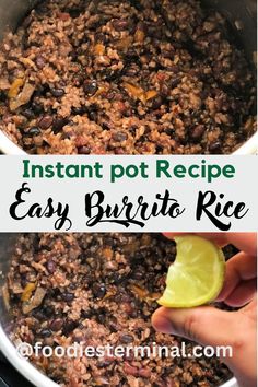 instant pot recipe for easy burrito rice in a pan with lime wedged into it