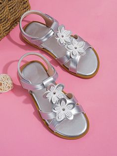 Silver  Collar   Plain Strap Sandals Embellished   Kids Shoes Preppy Shoes, Kids Flats, Business Casual Shoes, Kids Sandals, Floral Applique, Ankle Strap Sandals, Maternity Bag, Strap Sandals