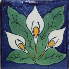 a painting of three white flowers with green leaves on a blue square tile wall hanging