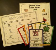 four different color cards with the words what color am? and an animal on them