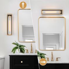 the bathroom is decorated in black and gold