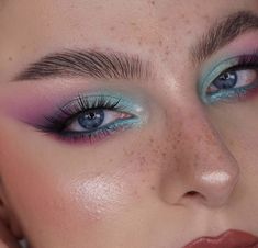 Pink And Teal Eyeshadow Looks, Peacock Blue Makeup Looks, Light Blue And Pink Eyeshadow Looks, Pink And Teal Eye Makeup, Pink Blue Green Eye Makeup, Colorful Eye Makeup Blue Eyes, Pink Purple Blue Eye Makeup, Pink And Teal Makeup Looks, Light Blue And Pink Makeup Looks