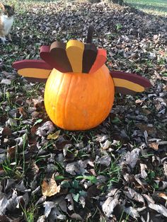 a pumpkin shaped like a turkey sitting on top of leaf covered ground next to a cat