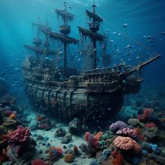 an old pirate ship in the ocean surrounded by corals and other marine life,